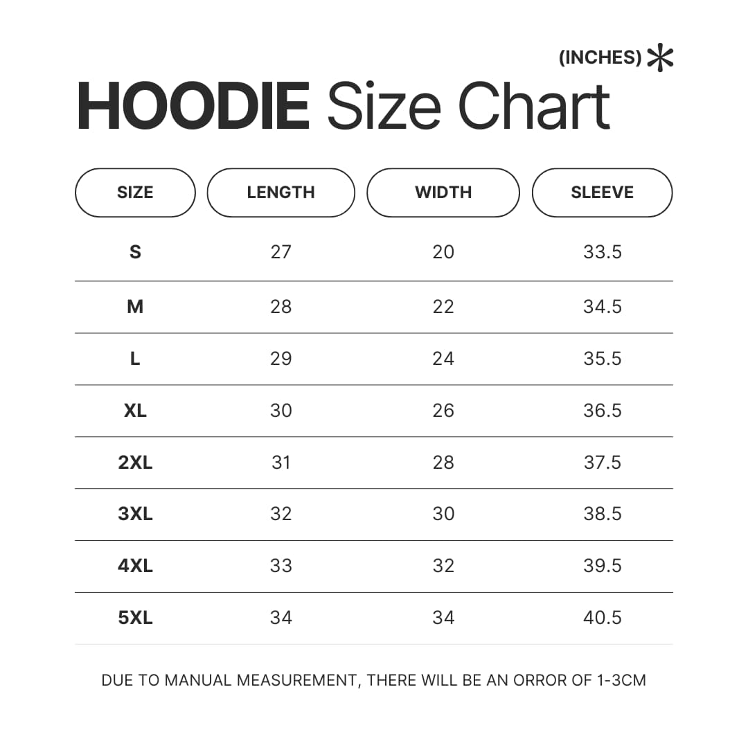 Hoodie Size Chart - Sword Art Online Merchandise