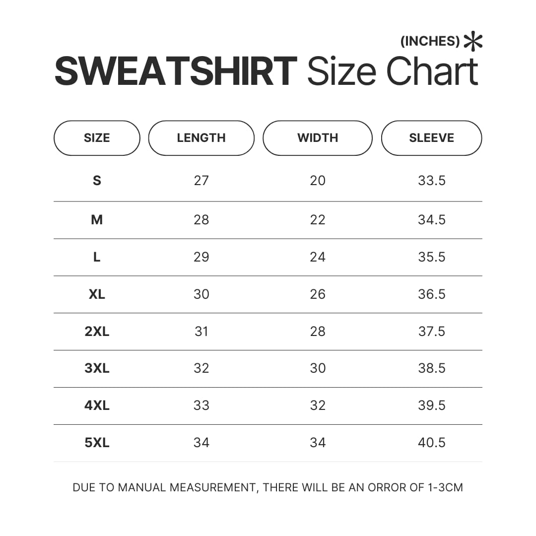 Sweatshirt Size Chart - Sword Art Online Merchandise
