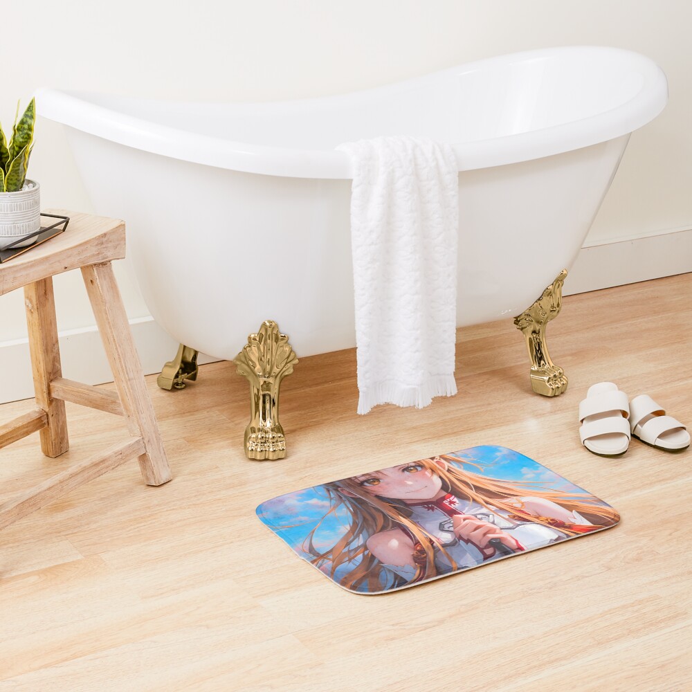 Asuna Sao Cute Anime Girl With Long Hair And Sword In Hand Ready For Battle Oil Painting Style Sword Art Bath Mat - Image 2