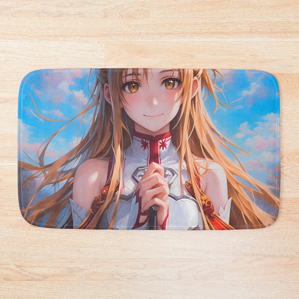 Asuna Sao Cute Anime Girl With Long Hair And Sword In Hand Ready For Battle Oil Painting Style Sword Art Bath Mat